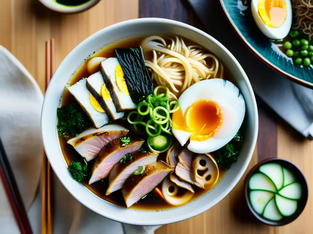 Una representación visualmente impactante del icónico plato japonés, ramen, con detalles intrincados y colores vibrantes