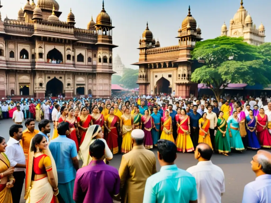 Representaciones religiosas en el cine indio: Fotografía detallada de vibrante calle en Mumbai con bailarines tradicionales y espectadores asombrados