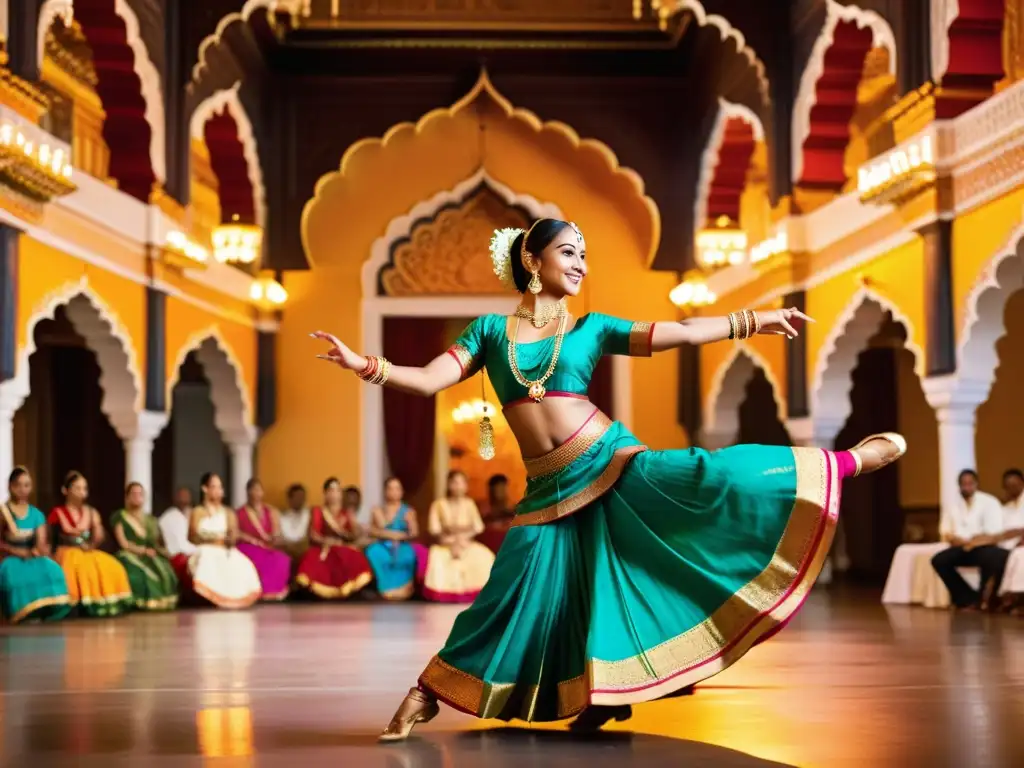 Representaciones religiosas en el cine indio: Impactante danza tradicional india con vestuarios vibrantes y movimientos dinámicos, en un escenario lleno de detalles y emoción