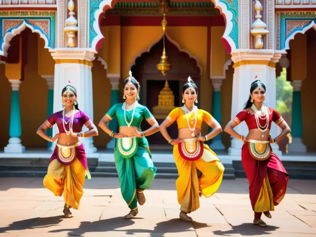 Representaciones religiosas en el cine indio: Grupo de bailarines realizando danza tradicional en templo histórico, vestidos con trajes vibrantes