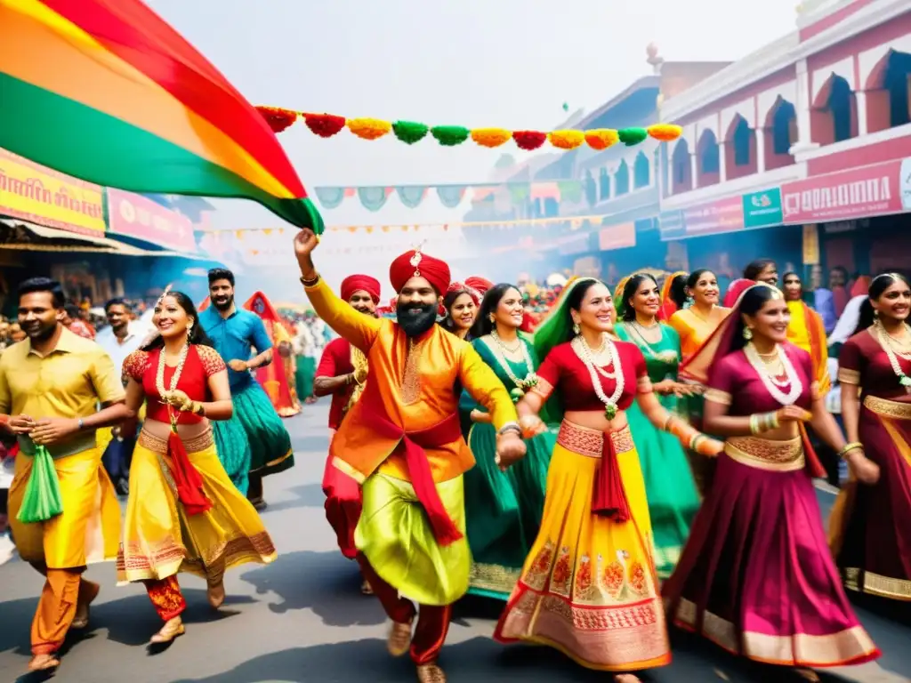 Representaciones religiosas en el cine indio: Celebración vibrante de festival callejero en India con colores, danzas y ofrendas tradicionales