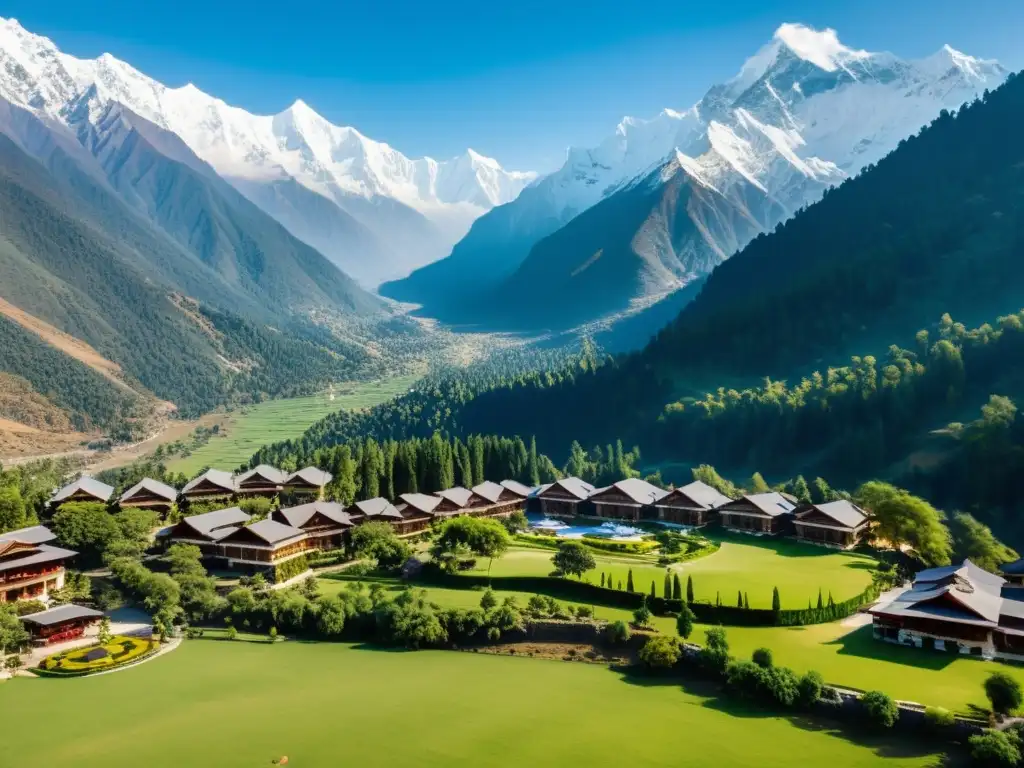 Resort exclusivo en el Himalaya rodeado de picos nevados y exuberante paisaje montañoso, bajo un cielo azul claro