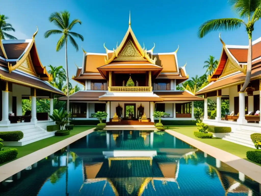 Un resort de lujo en Tailandia con arquitectura tradicional tailandesa, detalles dorados, exuberante vegetación y una atmósfera tranquila