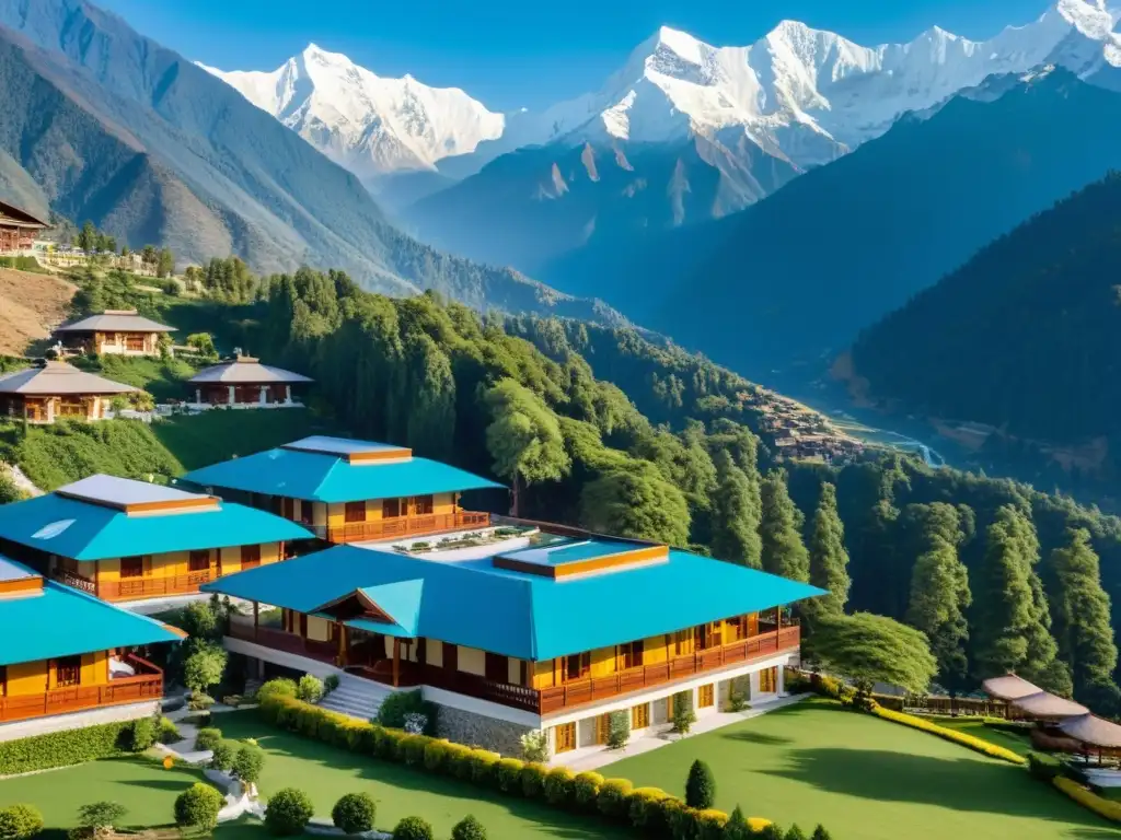 Resort de lujo en el Himalaya, entre majestuosas montañas nevadas y exuberante vegetación, bajo cielo azul