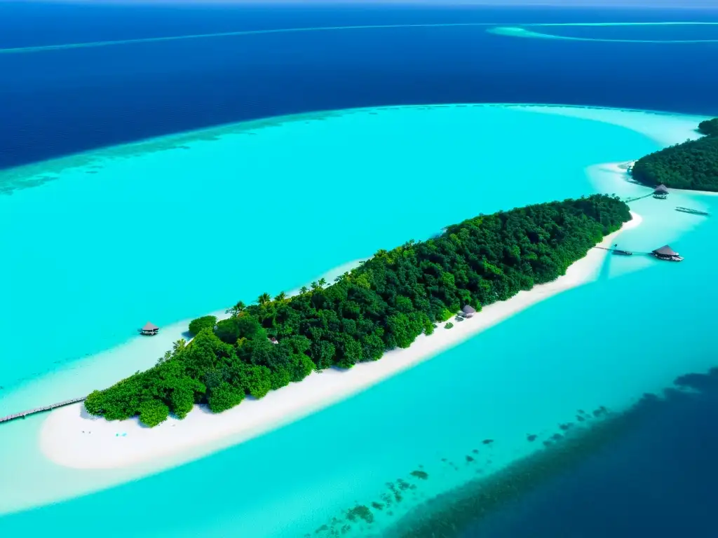 Resort de lujo en Maldivas: opulencia y tranquilidad en un paraíso natural con aguas turquesas, bungalows sobre el agua y playas de arena blanca