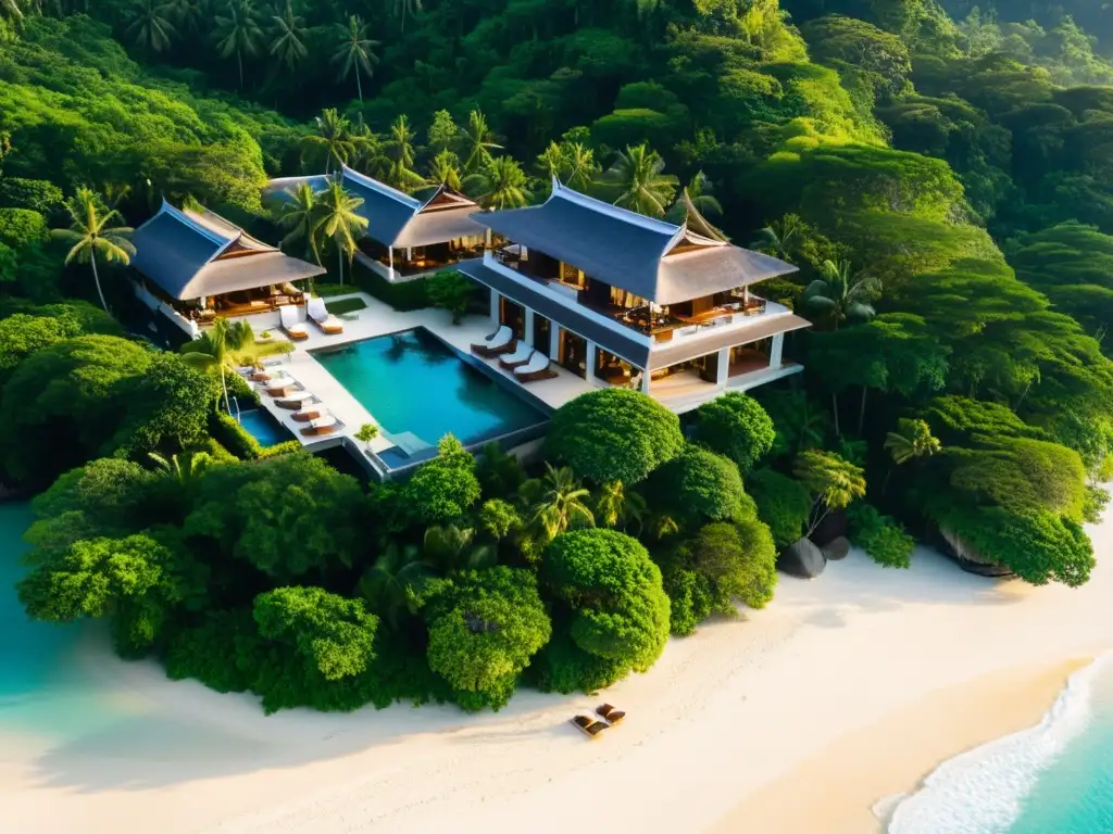 Resort de lujo en Tailandia con playa, piscinas infinitas y atardecer dorado sobre el mar