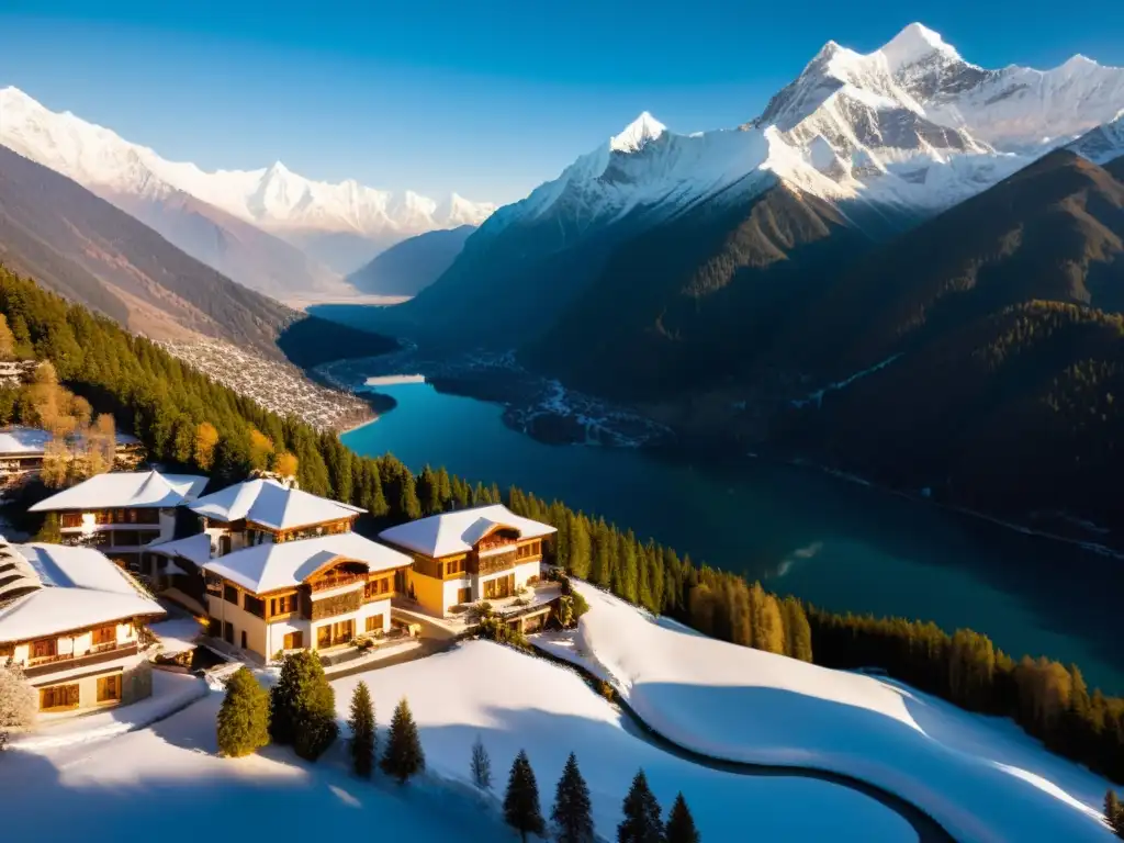 Resort de lujo en el Himalaya con vista a montañas nevadas y lago cristalino al atardecer