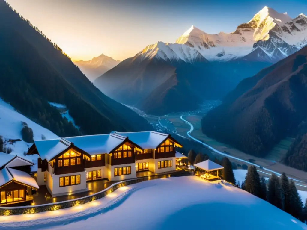 Un resort de lujo en el Himalaya, con vistas a las montañas nevadas y una arquitectura opulenta integrada en el paisaje natural