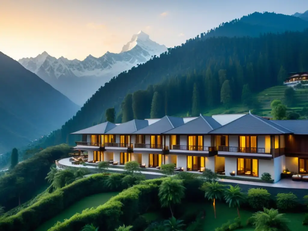 Resorts exclusivos en el Himalaya: Integración arquitectónica moderna con la naturaleza, montañas nevadas al atardecer y actividades al aire libre