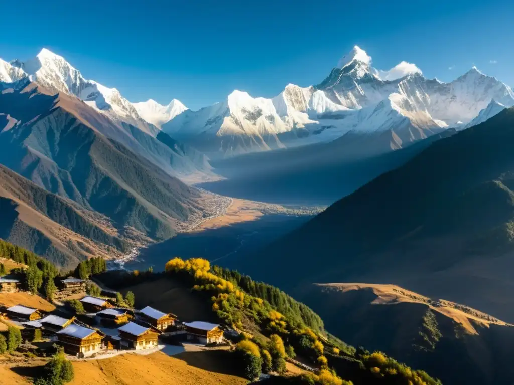 Resorts exclusivos en el Himalaya: Amanecer dorado sobre las majestuosas cumbres nevadas, con nubes danzantes y un resort en armonía con la naturaleza