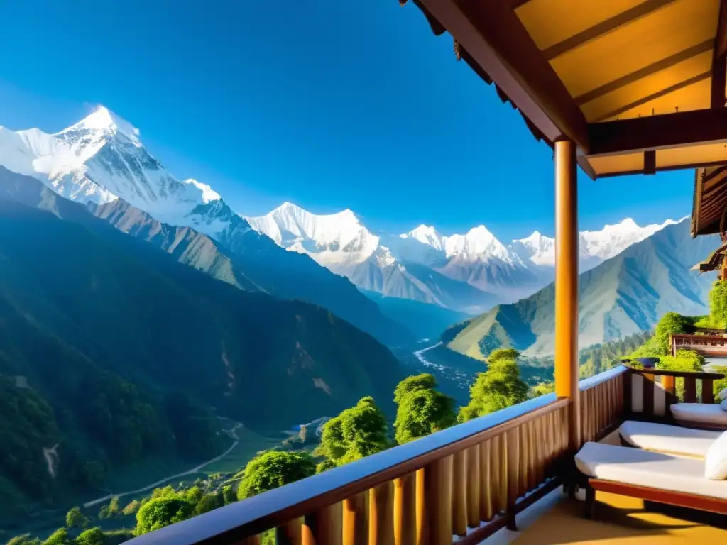 Resorts exclusivos en el Himalaya: vista impresionante de las montañas nevadas desde el lujoso resort en el borde de un acantilado