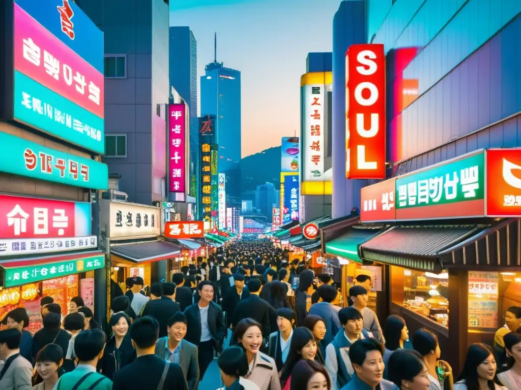 Vibrante vida nocturna en Seúl: luces de neón y multitudes El resplandor de los letreros de neón ilumina las bulliciosas calles de Seúl, capturando la energía y emoción de la vida nocturna de la ciudad