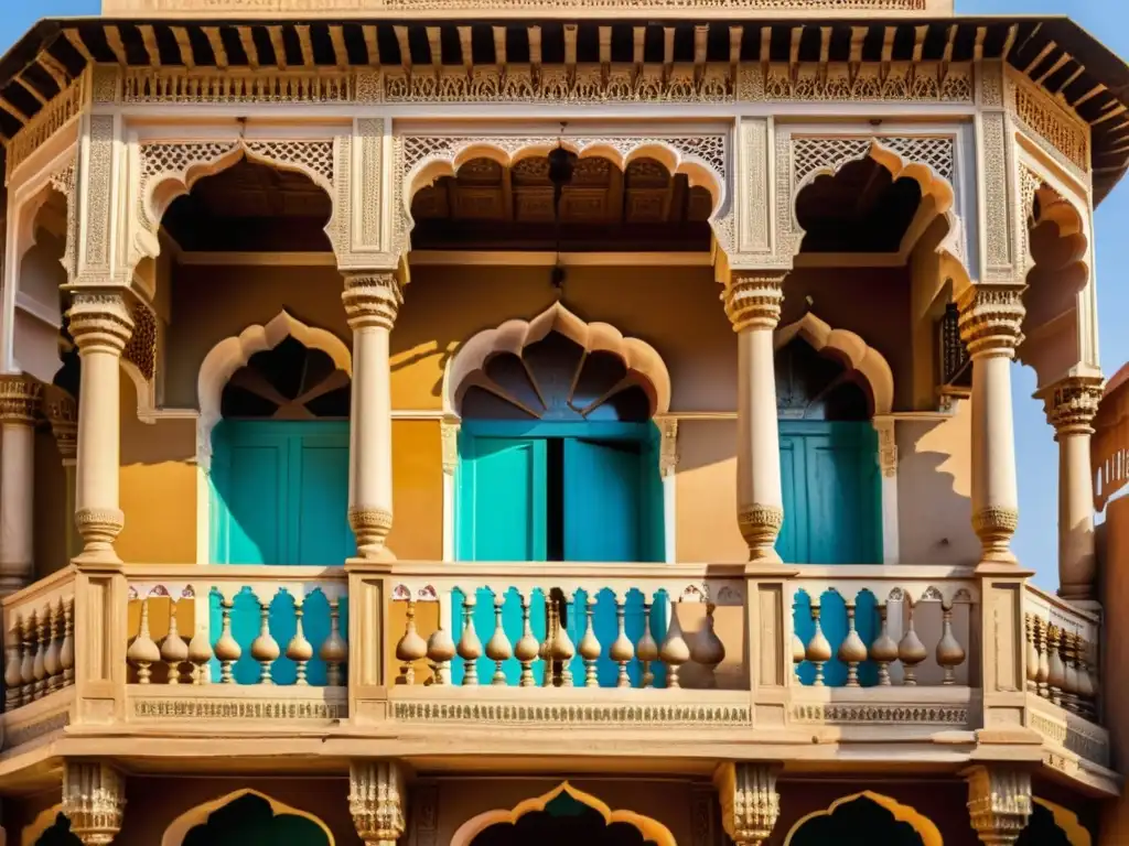 Hermosa Haveli restaurada en India, con detalles arquitectónicos, colores vibrantes y jardines exuberantes, evocando opulencia y encanto