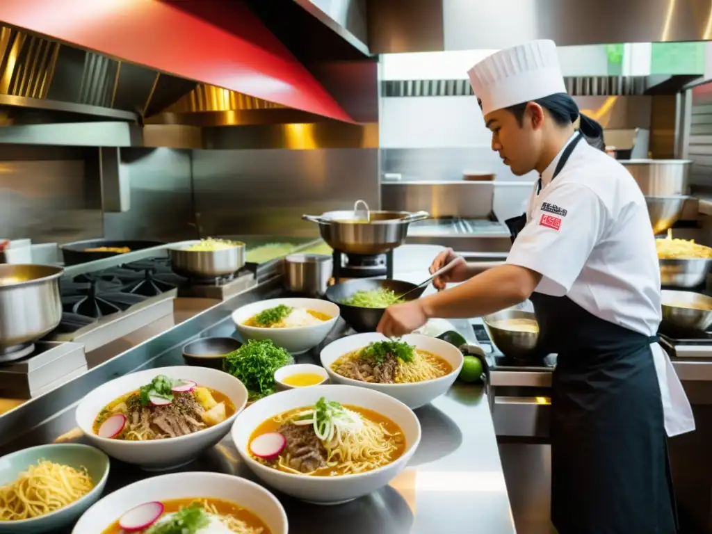 Un restaurante bullicioso de ramen fusionando influencias culinarias latinoamericanas y japonesas