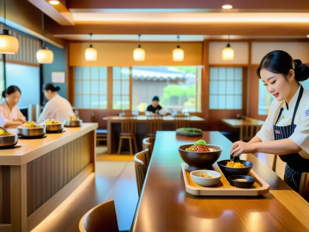 Un restaurante coreano tradicional bullicioso con chef preparando sundae