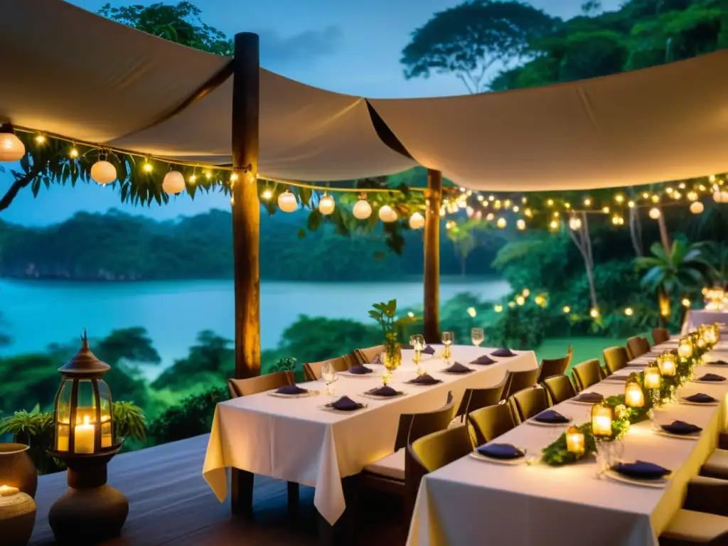 Exclusiva cena al aire libre en la selva tailandesa Restaurante con Estrellas Michelin Asia: Cena mágica en la selva tailandesa con fina vajilla, velas y cocineros en acción bajo un cielo estrellado
