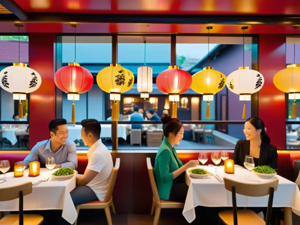 Un restaurante pop-up exclusivo en Asia, con decoración detallada, platos artísticos y clientes disfrutando en un ambiente cálido y acogedor