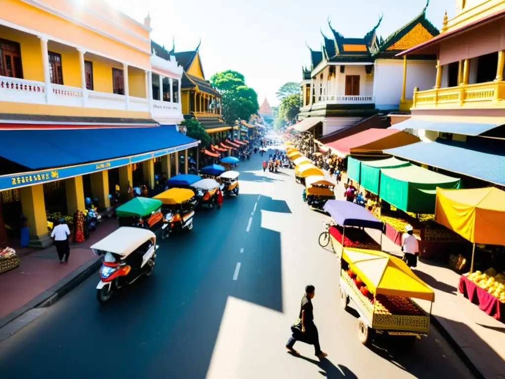 Resurgimiento de la cultura en Phnom Penh: Bulliciosa calle llena de edificios coloridos, vendedores locales y una pagoda majestuosa al fondo