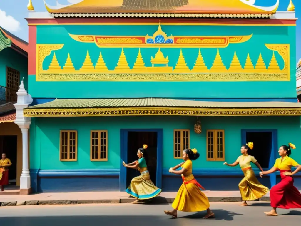 Resurgimiento de la cultura en Phnom Penh: Un vibrante escenario urbano con murales coloridos, artistas locales y una danza tradicional al atardecer