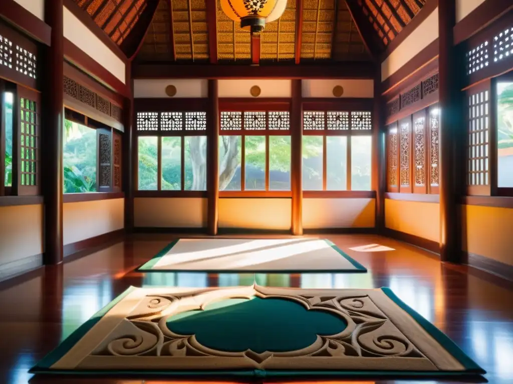 Templo Asiático: Meditación en Serenidad Retiro de meditación en tradición asiática: Sala de meditación serena con luz suave, practicantes en quietud y atmósfera de paz y sabiduría