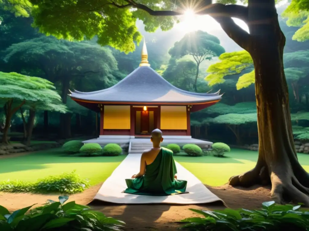 Templo budista en el bosque: meditación y serenidad Retiro de meditación en tradición asiática: Bosque sereno con templo budista y practicantes en meditación silenciosa