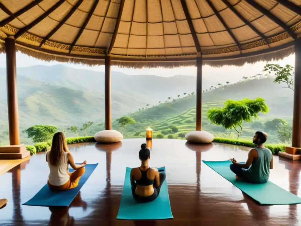 Retiro de bienestar Ayurvédico en India, con arquitectura tradicional, jardines de hierbas medicinales y sesión de yoga al atardecer