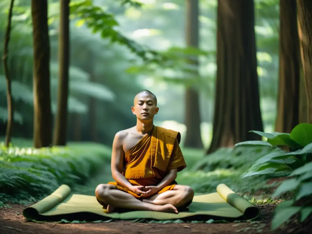 Retiro espiritual budista para autoconocimiento en un bosque sereno y verde, donde un monje medita entre árboles altos y luz suave