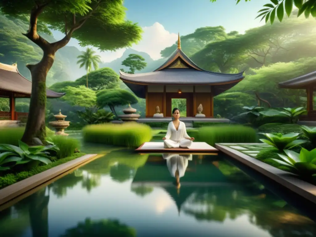 Retiro espiritual de lujo en Asia: jardín de meditación sereno con vegetación exuberante y visitantes practicando yoga y meditación