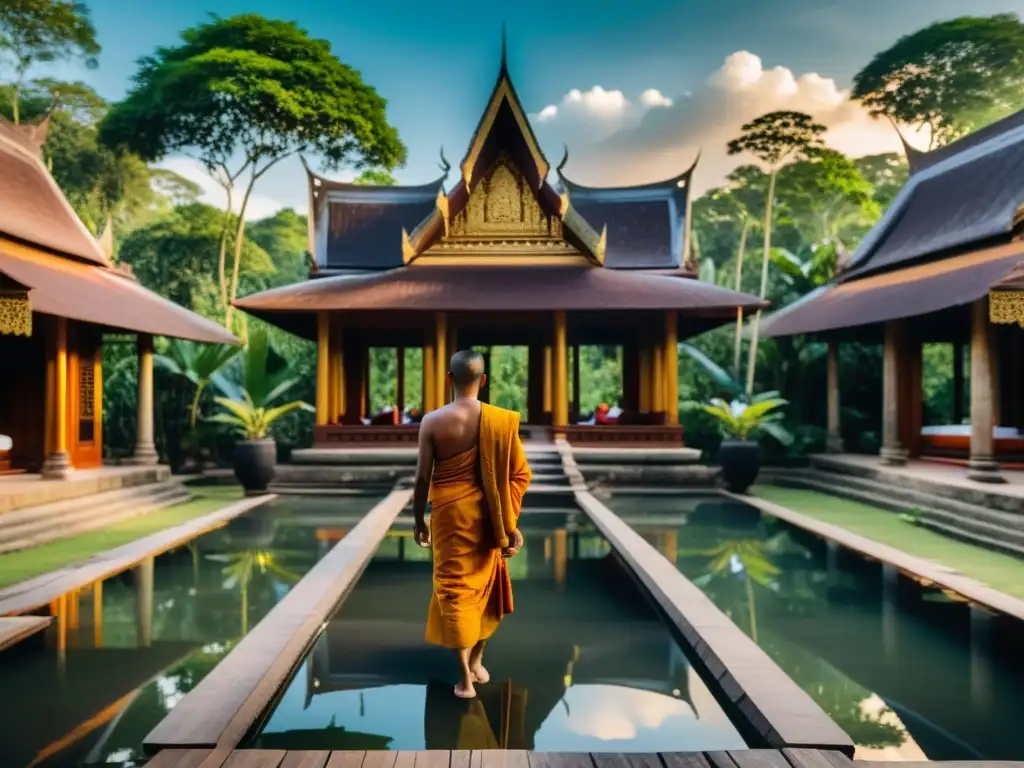 Retiro de lujo en Camboya Imperial: arquitectura de madera elaborada y monjes en saffron paseando por el exuberante entorno selvático