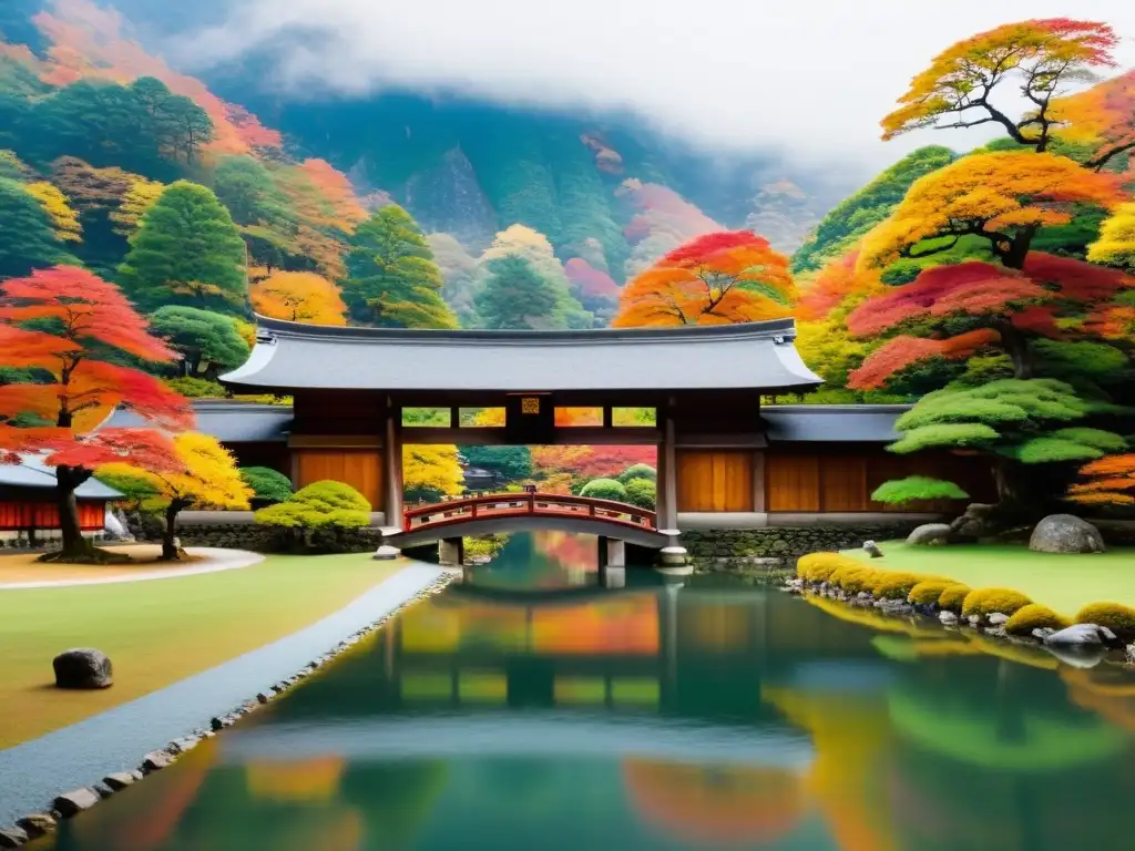 Retiro Zen en las Montañas de Japón: Monasterio sereno entre la niebla, hojas otoñales y meditación tranquila de monjes