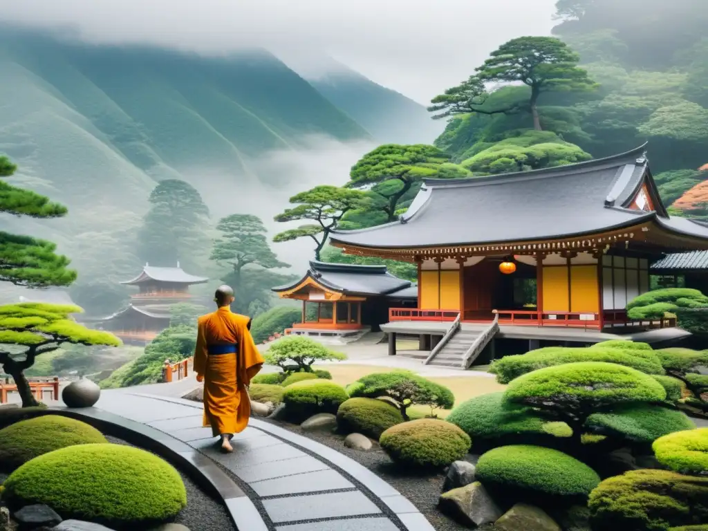 Un retiro Zen en las montañas de Japón: un templo sereno y aislado entre exuberante vegetación, con monjes meditando en un entorno de paz