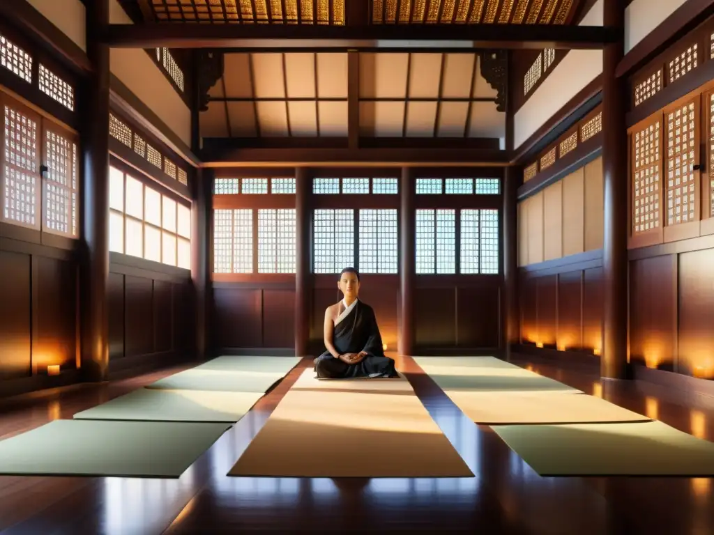 Serenidad en Templo Asiático: Meditación 8k Retiros de meditación en tradición asiática: Imagen 8k de una tranquila sala de meditación en un templo asiático con arquitectura de madera detallada y luz natural suave filtrándose a través de pantallas de papel, creando una atmósfera introspectiva y serena