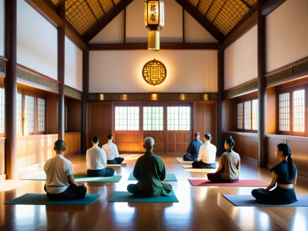 Retiro de meditación en monasterio asiático Retiros de meditación en tradición asiática: Sala de meditación en monasterio asiático, con decoración tradicional y practicantes en calma profunda