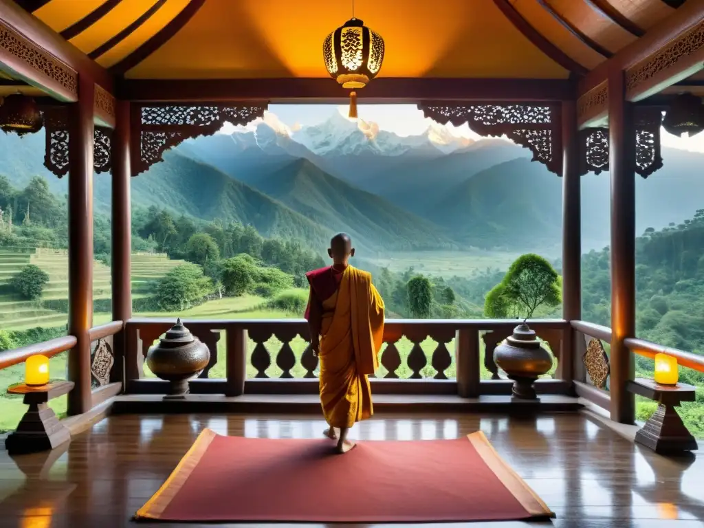 Salón de meditación en el Himalaya: serenidad y espiritualidad Retiros de meditación en tradición asiática: Sala de meditación rodeada de naturaleza serena y monjes en un paisaje de montañas nevadas