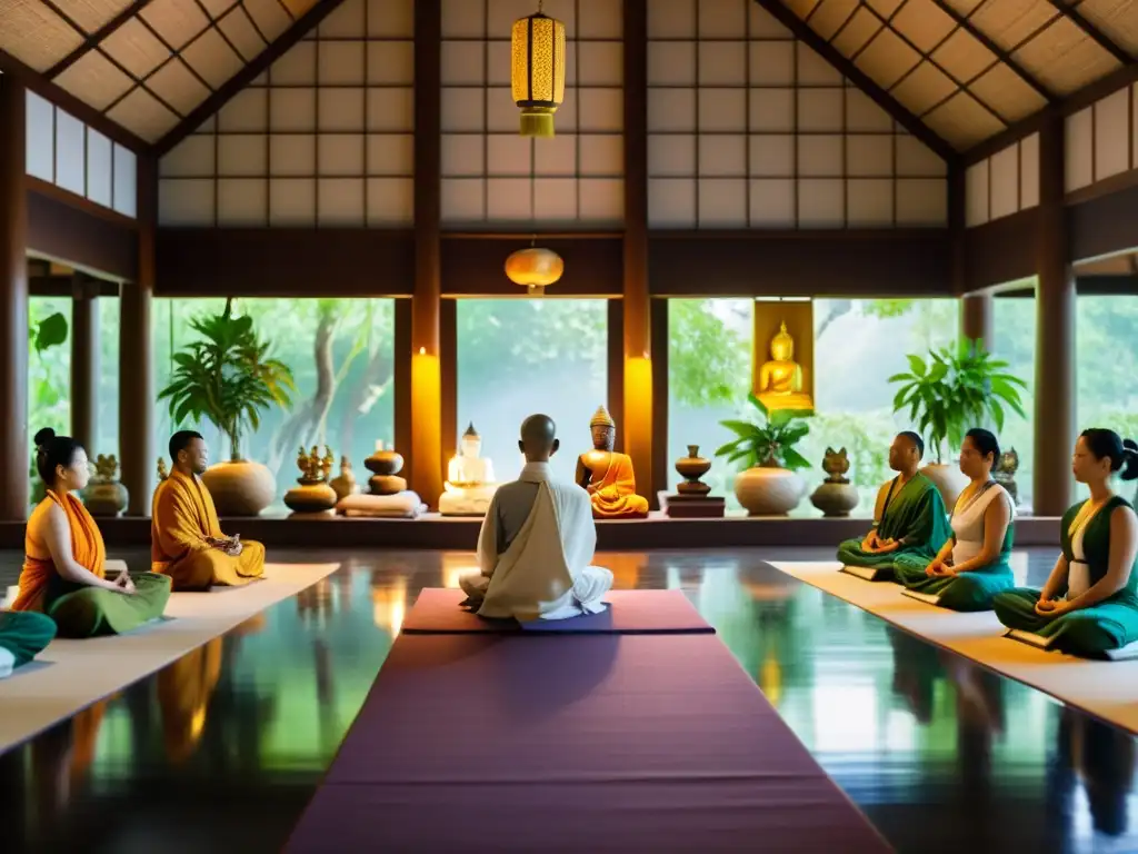 Meditación serena en sala asiática Retiros de meditación en tradición asiática: Sala de meditación serena con practicantes en contemplación y decoración tradicional