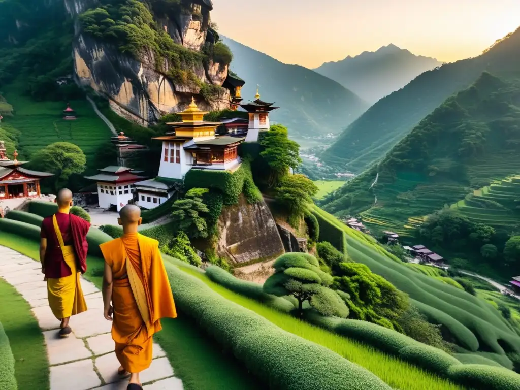 Retiros espirituales budistas para el autoconocimiento en un monasterio sereno en las montañas verdes al atardecer, con monjes en saffron paseando y meditando