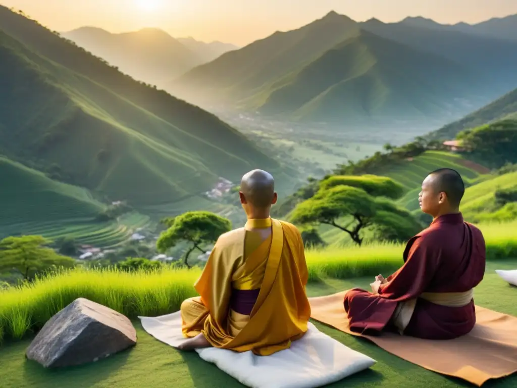 Retiros espirituales budistas autoconocimiento: Practicantes en meditación en la montaña, bañados por la luz dorada del atardecer