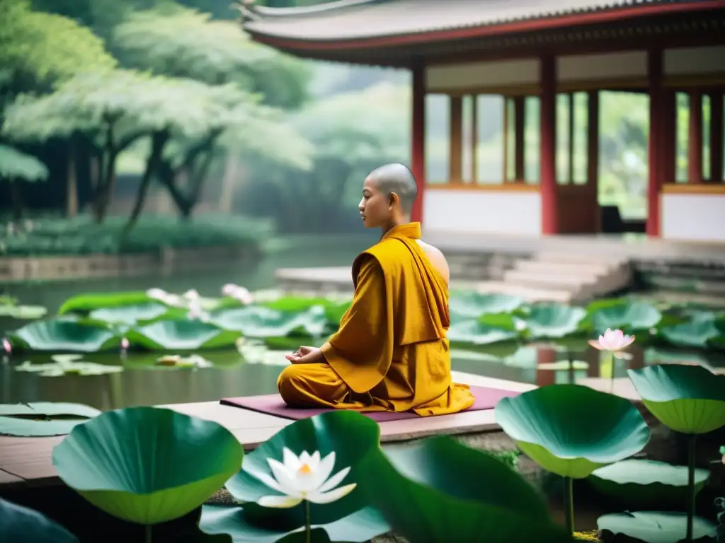 Retiros espirituales monasterios budistas: Meditación en jardín tranquilo con individuos en túnicas budistas y flores de loto en la mañana serena