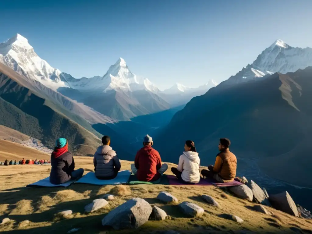 Retiros espirituales en Asia profunda: Grupo meditando en la cima nevada del Himalaya al amanecer, transmitiendo paz y serenidad