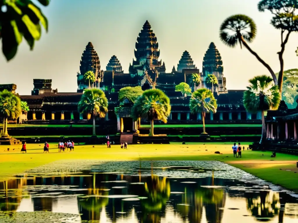 Retiros de lujo en Camboya Imperial: Angkor Wat, templo antiguo bañado por la cálida luz matutina, turistas asombrados y selva misteriosa