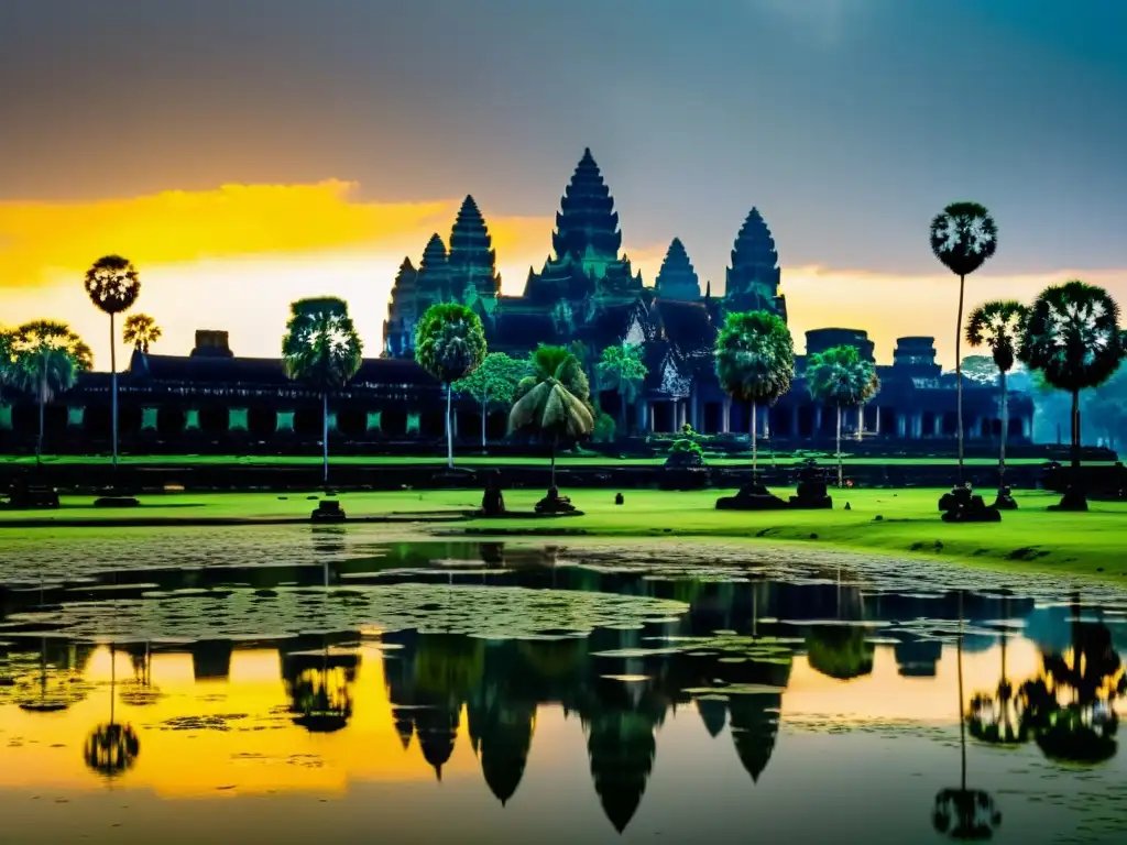 Retiros de lujo en Camboya Imperial: Angkor Wat al amanecer, con sus templos antiguos, torres y relieves dorados, rodeados de serenidad y misterio