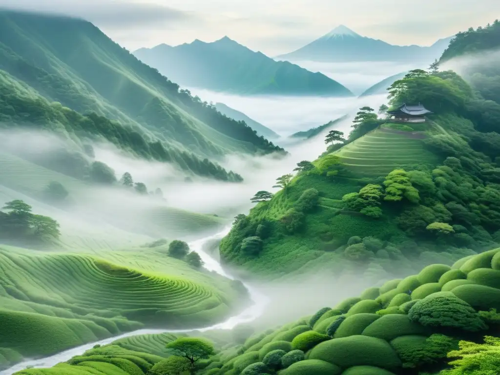 Retiros Zen en las Montañas de Japón: Imagen documental de montañas neblinosas y serenas, con toques de arquitectura tradicional japonesa