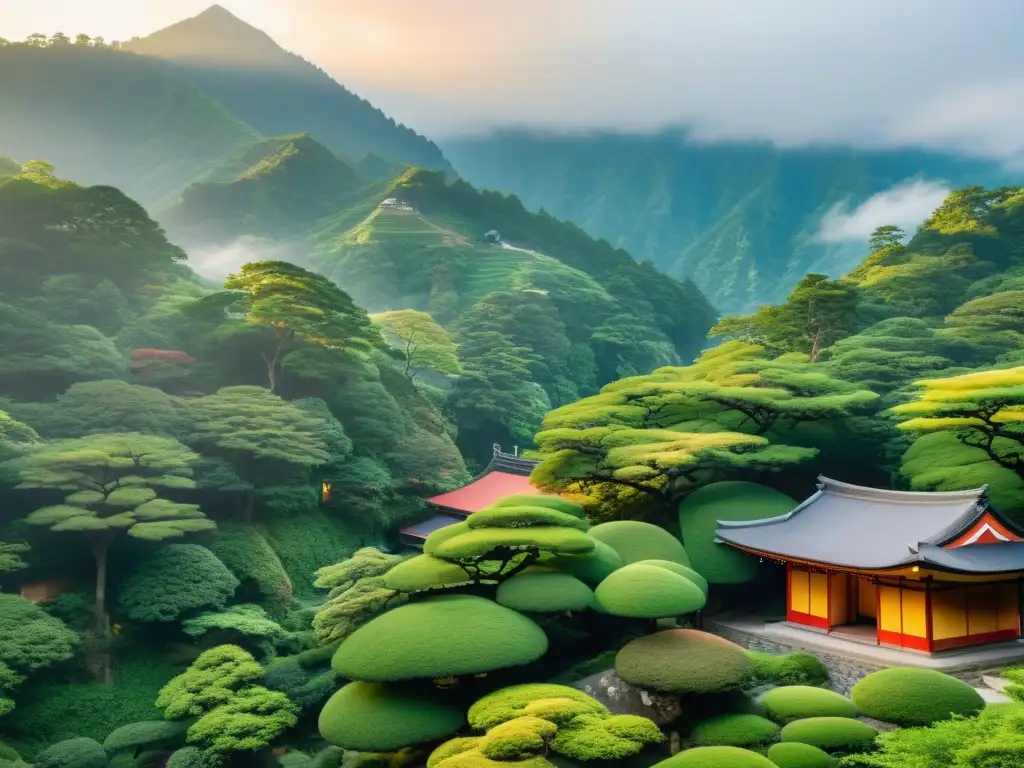 Retiros Zen en las Montañas de Japón: Monasterio tradicional entre la bruma, con pagodas rojas y un monje meditando