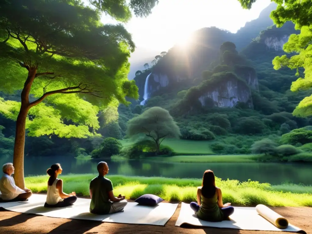 Retiros de meditación Vipassana contemporánea: Meditadores en un valle sereno, bajo la sombra de árboles, iluminados por el sol poniente