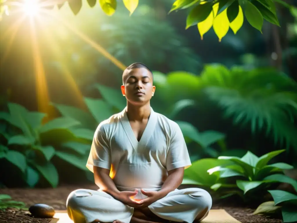 Retiros de meditación Vipassana contemporánea: Persona meditando en la naturaleza, expresando paz interior y serenidad