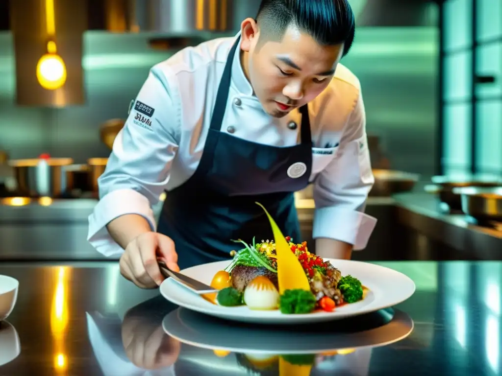 Un retrato en alta resolución del chef Chan Yan Tak elaborando minuciosamente un exquisito plato en la bulliciosa cocina de Lung King Heen