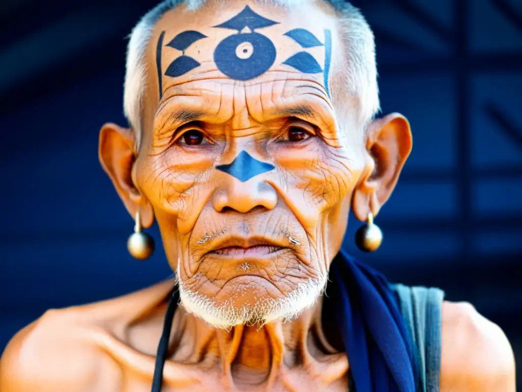 Retrato de un anciano tribal asiático con tatuajes tradicionales que cuentan la historia de su vida y su linaje