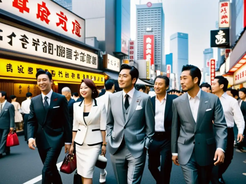 Un retrato en blanco y negro de una bulliciosa calle de Tokio con luces de neón, bares izakaya y personas vestidas en moda tradicional y moderna