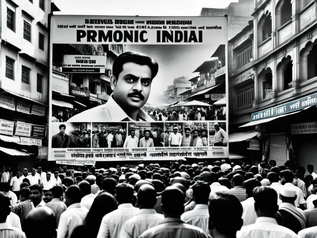 Un retrato en blanco y negro de una concurrida calle en Mumbai, India, con un gran póster de una estrella de cine india destacada en una pared envejecida