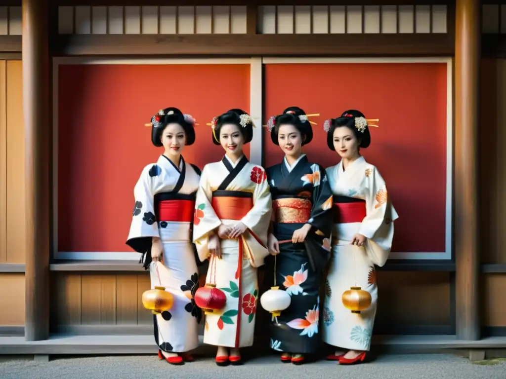 Un retrato en blanco y negro de un grupo de geishas en atuendo tradicional, con una casa japonesa al fondo